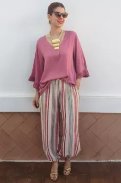 Pantalón Bombacho Rayas Rosa y Turquesa