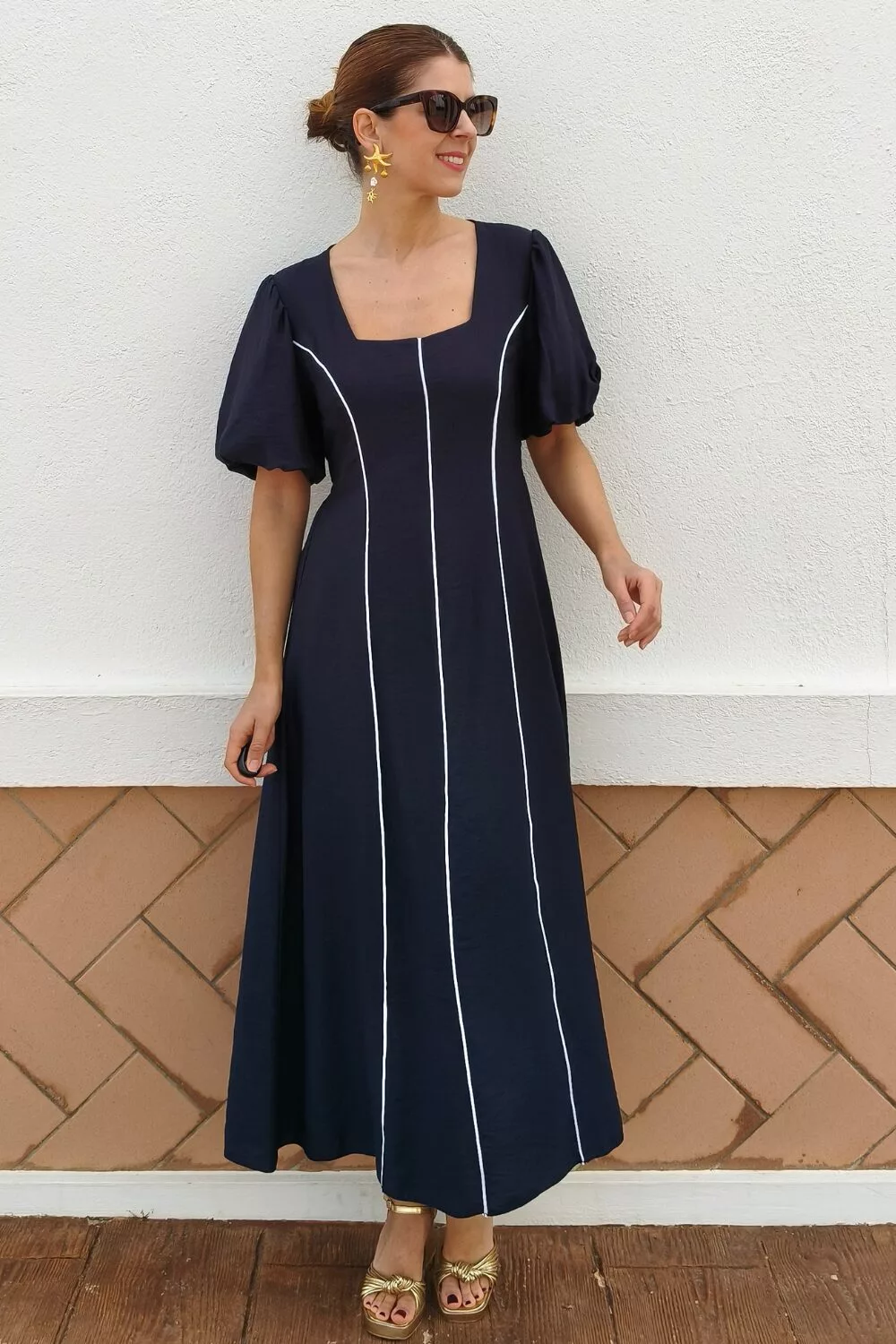 Vestido Manga Abullonada Bicolor Marino Vestido Manga Abullonada Bicolor Marino