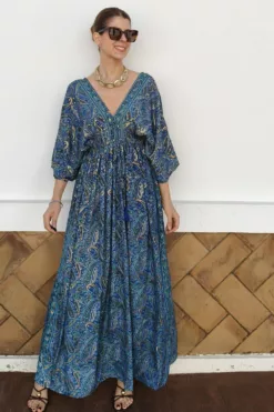 Vestido Diosa Manga Cachemir Azul