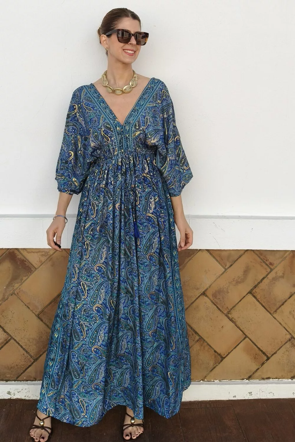 Vestido Diosa Manga Cachemir Azul Vestido Diosa Manga Cachemir Azul