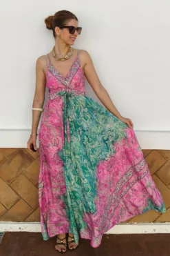 Vestido Sari Rosa y Verde
