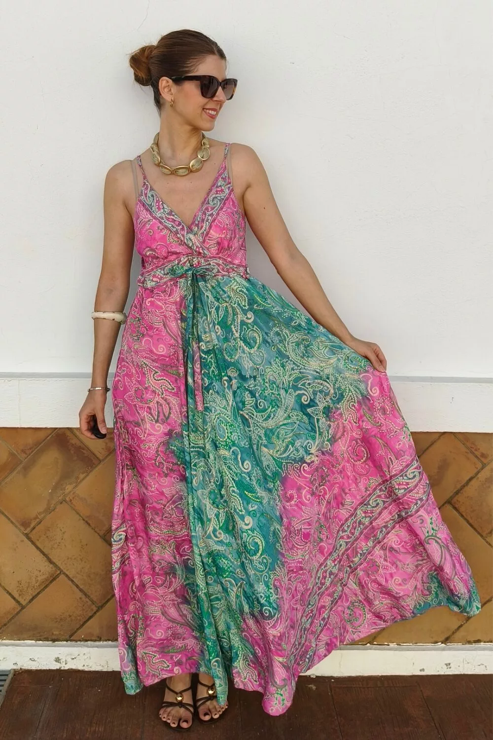 Vestido Sari Rosa y Verde Vestido Sari Rosa y Verde