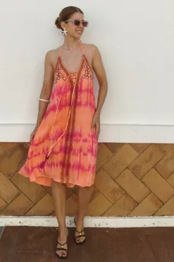 Vestido Tie Dye Conchas Coral y Fucsia