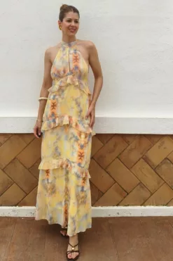 Vestido Volantes Atado Al Cuello Amarillo