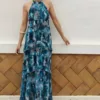 Vestido Volantes Atado Al Cuello Azul