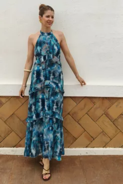 Vestido Volantes Atado Al Cuello Azul