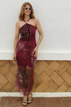 Vestido Tul Cuello X Burdeos