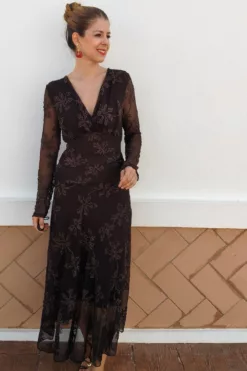 Vestido Tul Floreado Chocolate